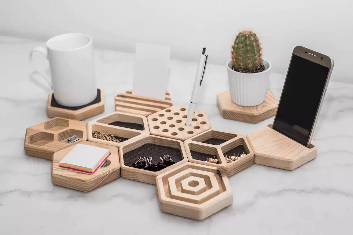 Wooden Hexagon Office Desk Accessories Organizer