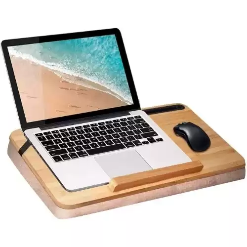 Bamboo Wood Lap Desk with Adjustable Pillow Cushion - wishacc Antique Laptop Book Work Table - Eco Tablet iPad Computer Tray Holder for Women, Kids, Seniors, Men