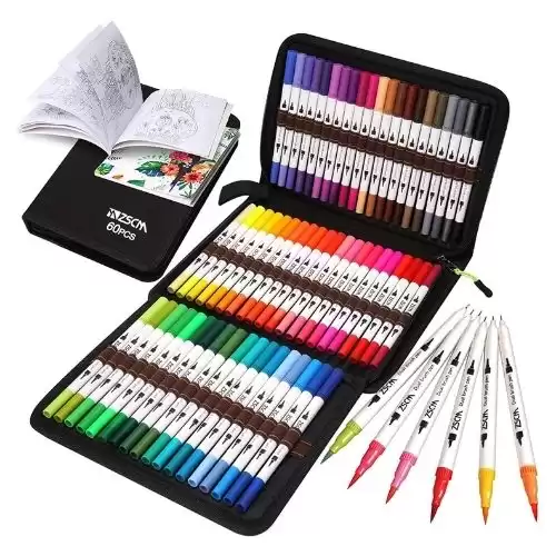 ZSCM Art Markers Coloring Dual Brush Pens , 60 Colors Fine& Brush Tip Artist Drawing Markers Set with Coloring Book, for Kids Adult Sketching Bullet Journal Planner School Supplies Child Gifts