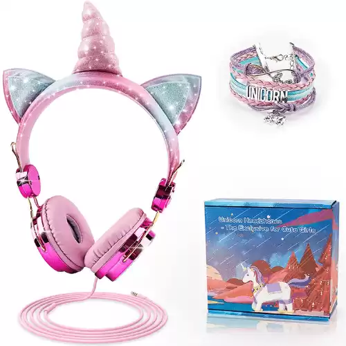 Kids Headphones, Unicorn Wired Headphones with Microphone and Djustable Headband, 3.5mm Jack and 85dB Volume Limited HD Sound Headphones for School, Birthday, Xmas, Unicorn Gifts (Pink)