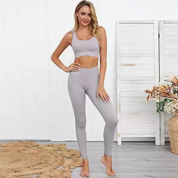 Ribbed Seamless Yoga Outfits Sports Bra + Leggings Tracksuit Set