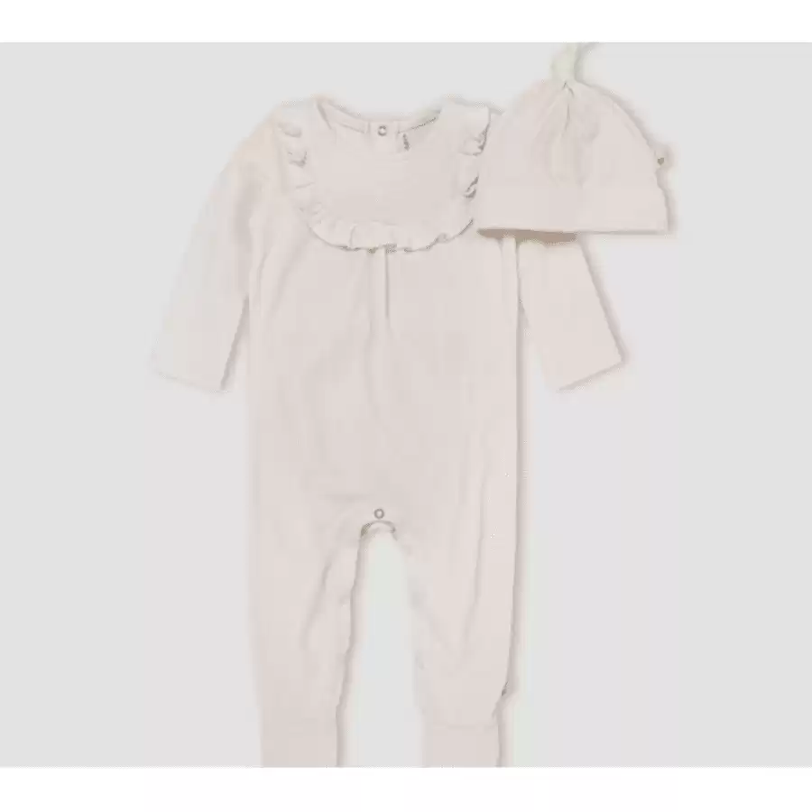 Burt's Bees Baby® Baby Girls' Velour Ruffle Organic Cotton Jumpsuit & Knot Top Hat Set - Off-White 6-9M