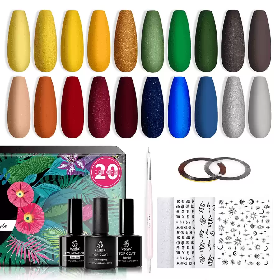 Beetles 20 Pcs Gel Nail Polish Kit-Magic Academy Collection Fall Winter Orange Yellow Green Blue Gel Nail Polish Set Autumn Colors Soak Off LED Nail Lamp Base Top Coat Glitter Gel Polish Nail Kit