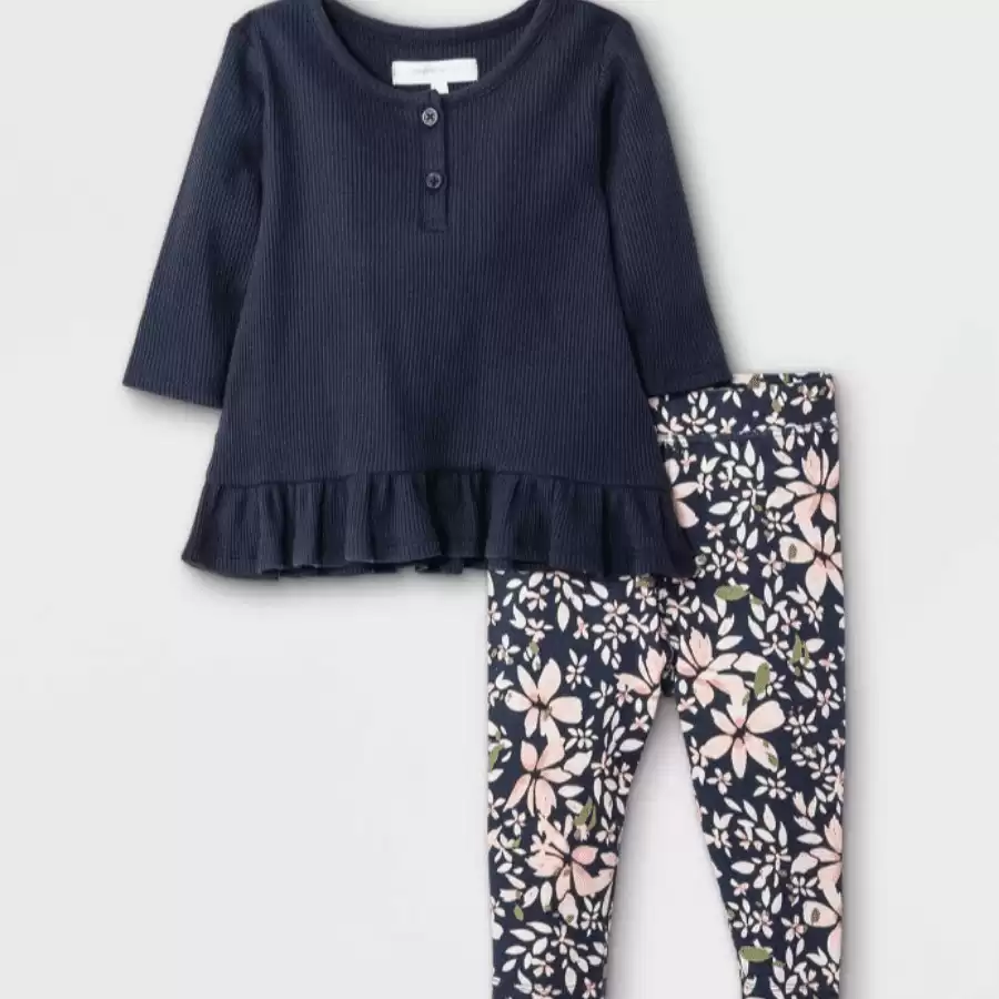 Grayson Mini Baby Girls' Thermal Henley Top & Bottom Set - Navy Blue Newborn