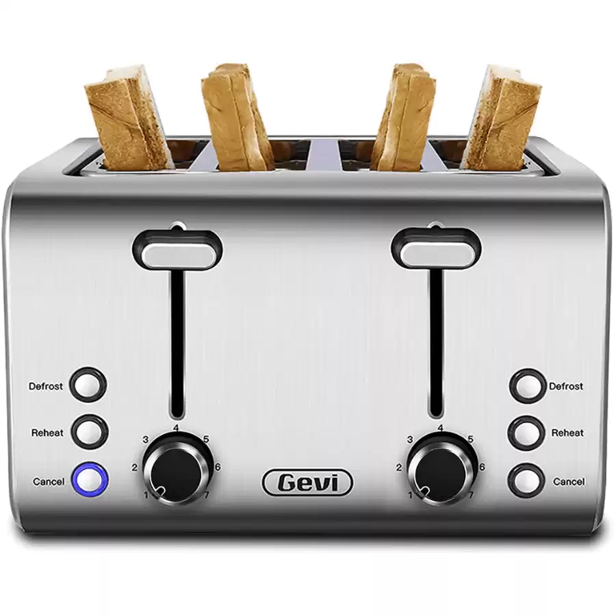 Toaster 4 Slice, Gevi Stainless Steel Extra-Wide Slot Toaster with Dual Control Panels of Reheat/Defrost/Cancel Function, 7 Toasting Bread Shade Settings, Removable Crumb Trays, Auto Pop-Up