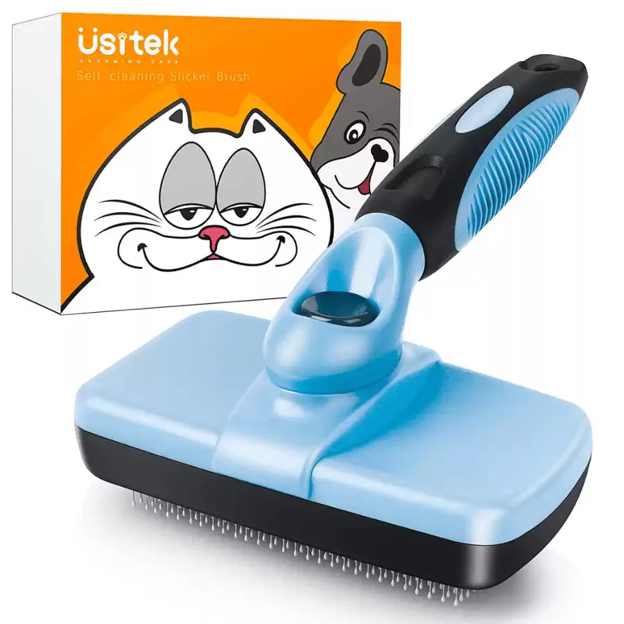 Usitek Dog/Cat Brush for Shedding and Grooming Self-cleaning Slicker Brush for Dogs/Cats Pet Hair Brush for Long/Short Haired Dogs and Cats (Blue)