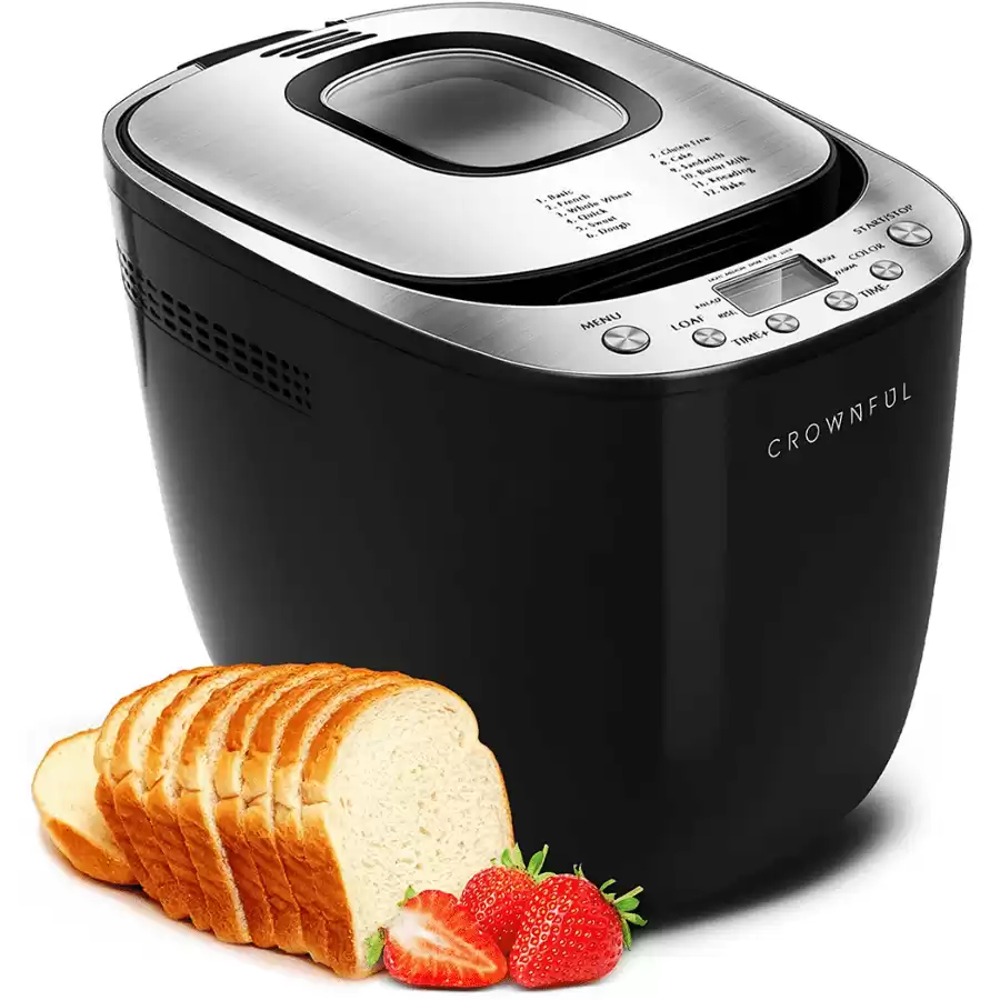 CROWNFUL Automatic Bread Machine, 2LB Programmable Bread Maker with Nonstick Pan and 12 Presets, 1 Hour Keep Warm Set , 2 Loaf Sizes, 3 Crust Colors, Recipe Booklet Included, ETL Listed (Black)