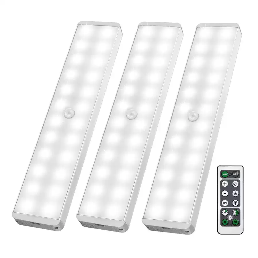 LED Closet Light, 24-LED Dimmer Rechargeable Motion Sensor Under Cabinet Lighting Wireless Stick-Anywhere Night Light with Remote for Wardrobe,Kitchen (3 Pcs)