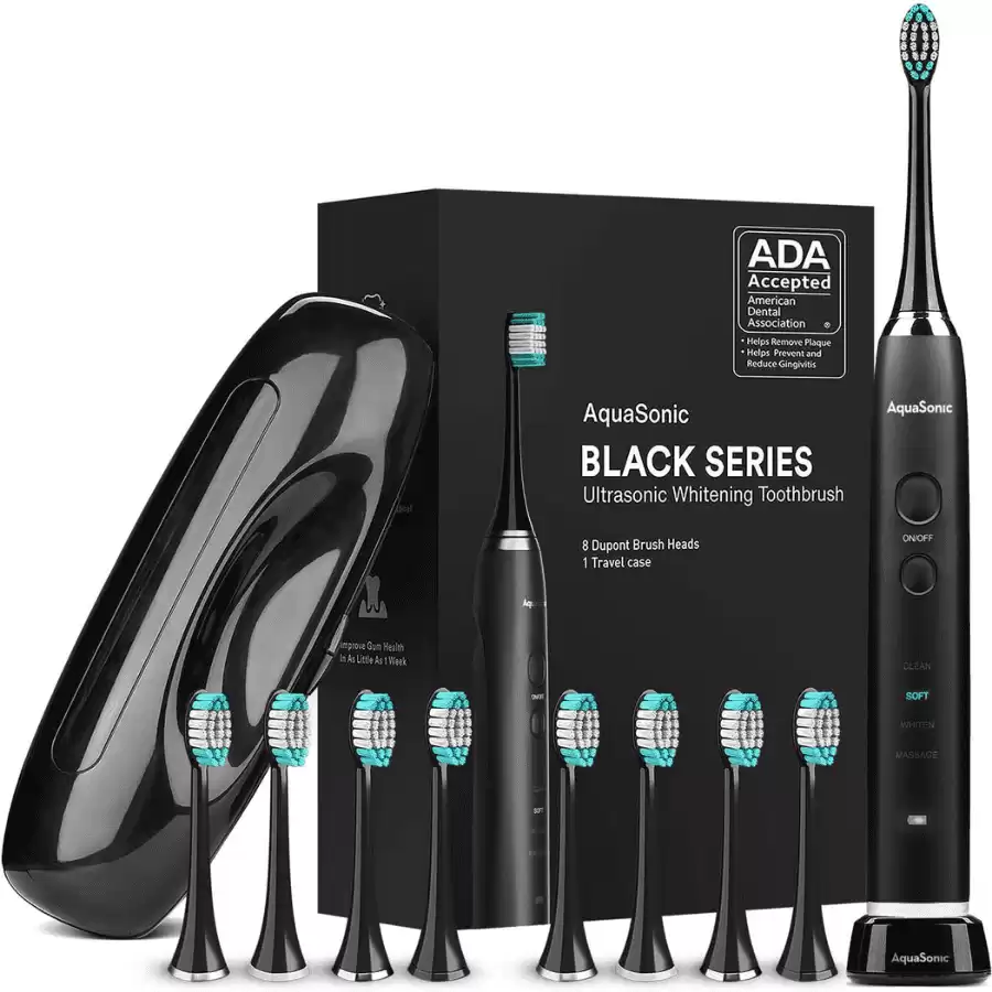 AquaSonic Black Series Ultra Whitening Toothbrush – ADA Accepted Electric Toothbrush - 8 Brush Heads & Travel Case - Ultra Sonic Motor & Wireless Charging - 4 Modes w Smart Timer - Sonic Ele...