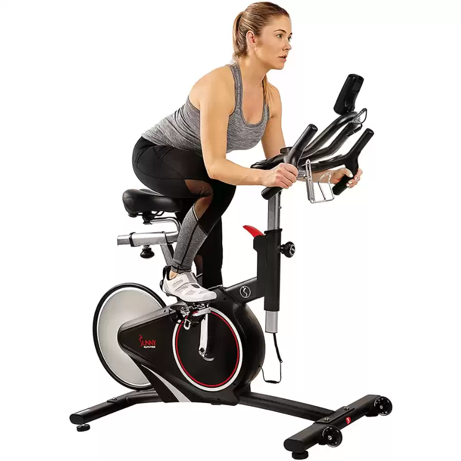 Sunny Health & Fitness Magnetic Rear Belt Drive Indoor Cycling Exercise Bike with RPM Cadence Sensor