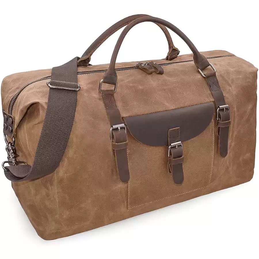 Oversized Travel Duffel Bag Waterproof Canvas Genuine Leather Weekend bag Weekender Overnight Carryon Hand Bag Brown