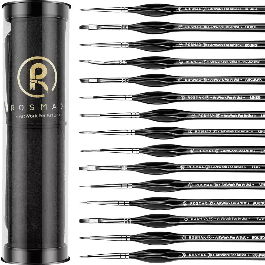 Rosmax Detail Paint Brushes Set Series X 15PCS Miniature Acrylic Detail Paint Brushes, Fine Detailing for Acrylics, Oils, Watercolors & More, Nylon Hair (Black)