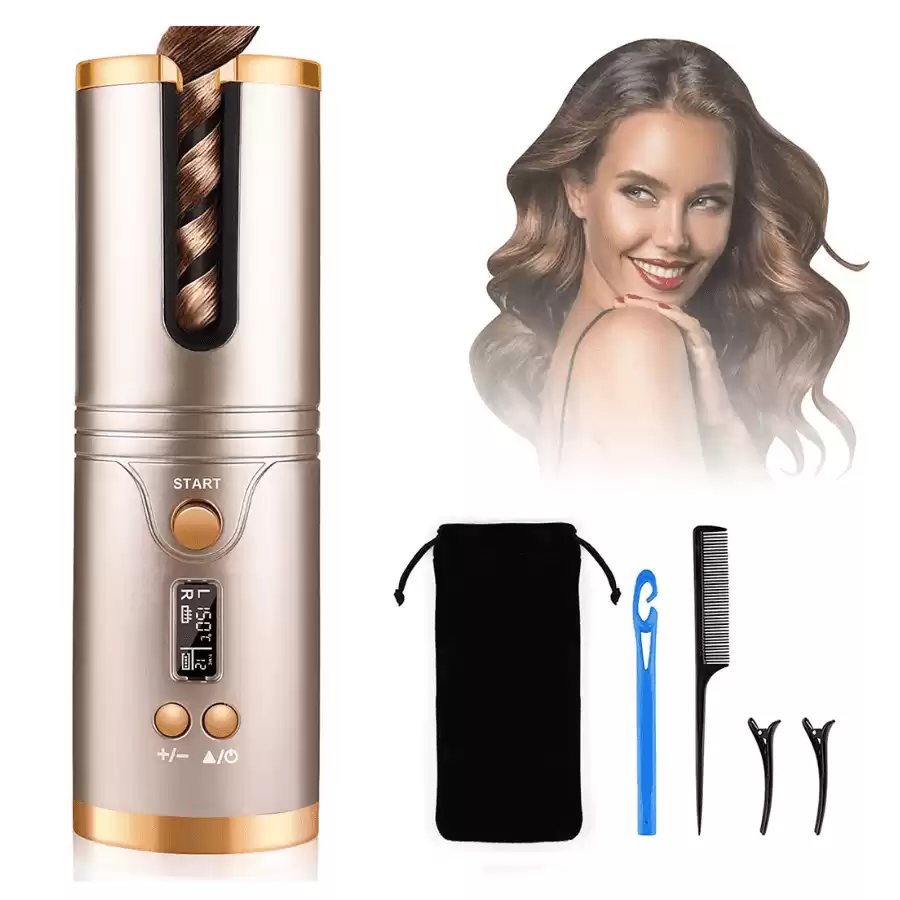 Hair Curler, Nityrliv Hair Curling Iron Cordless Automatic Curler Portable Rechargeable Silky Curls Fast Heating Wireless Auto Curler with Timer Setting and 6 Temperature Adjustable (Gold) (Gold)