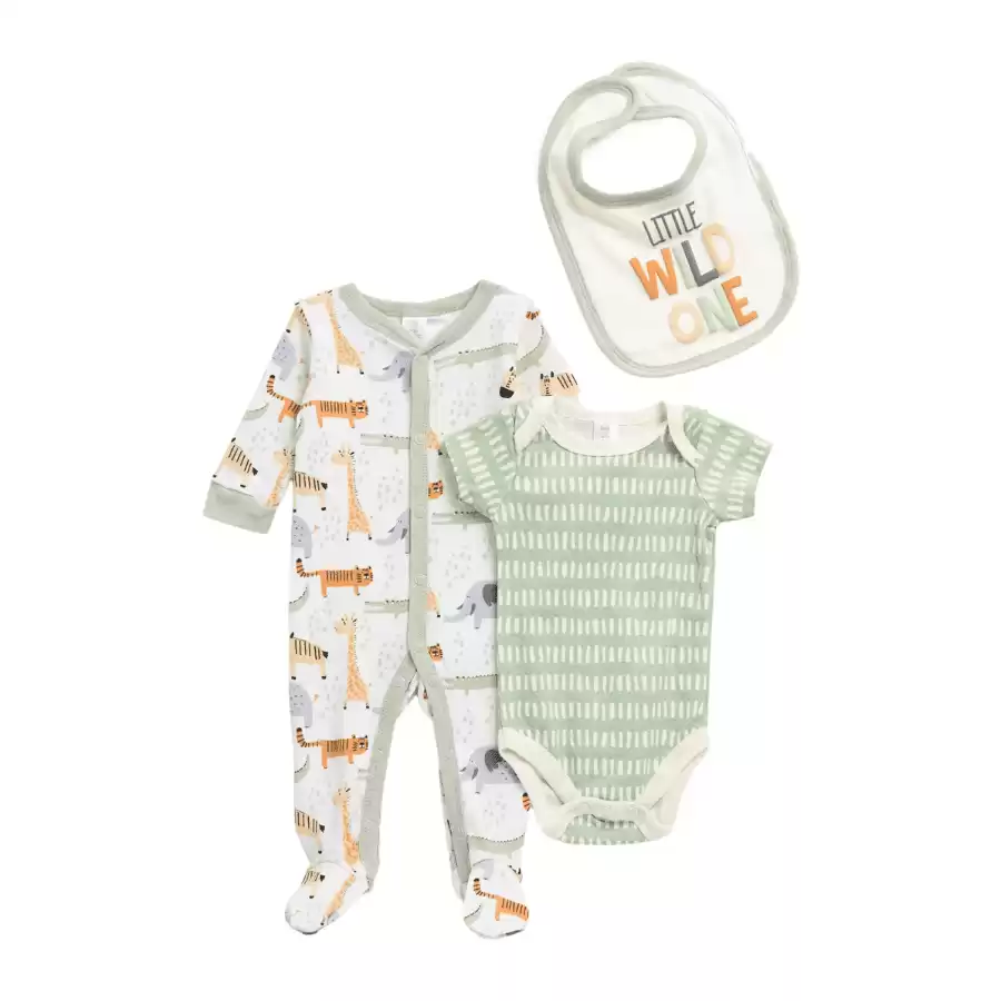 MODERN BABY Animal Print Footie, Bodysuit And Bib Set