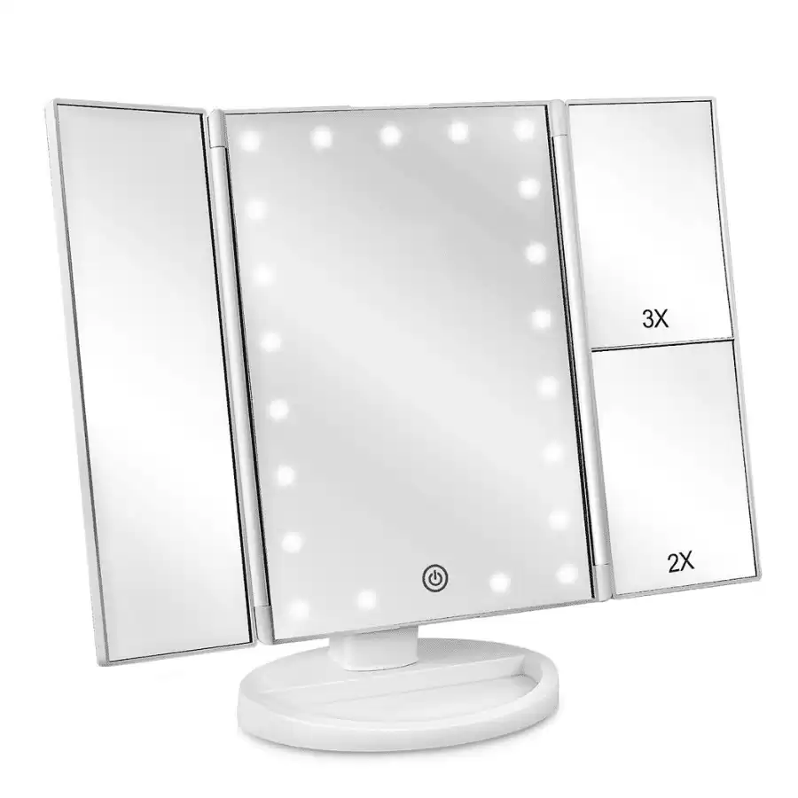 deweisn Tri-Fold Lighted Vanity Mirror with 21 LED Lights, Touch Screen and 3X/2X/1X Magnification, Two Power Supply Modes Make Up Mirror,Travel Mirror