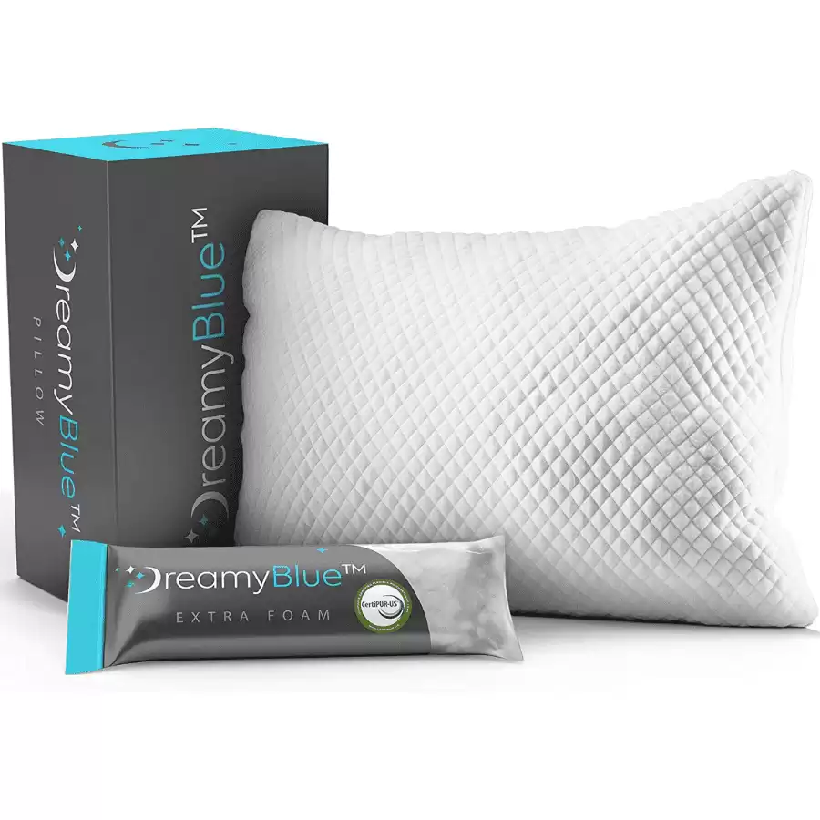 DreamyBlue Premium Pillow for Sleeping - Shredded Memory Foam Fill [Adjustable Loft] Washable Cover from Bamboo Derived Rayon - for Side, Back, Stomach Sleepers - CertiPUR-US Certified (Queen)