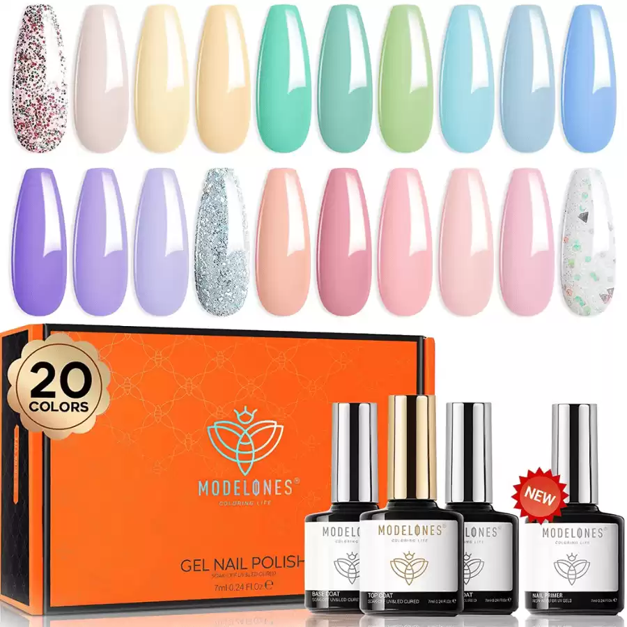 Modelones Gel Nail Polish, Spring Pastel Color Gel Polish 24 Pcs Soak Off LED Macaron Nail Gel Polish Set with Primer Glossy Matte Top Base Coat Gel Nail Kit Art Manicure at Home Mother's Day Gif...