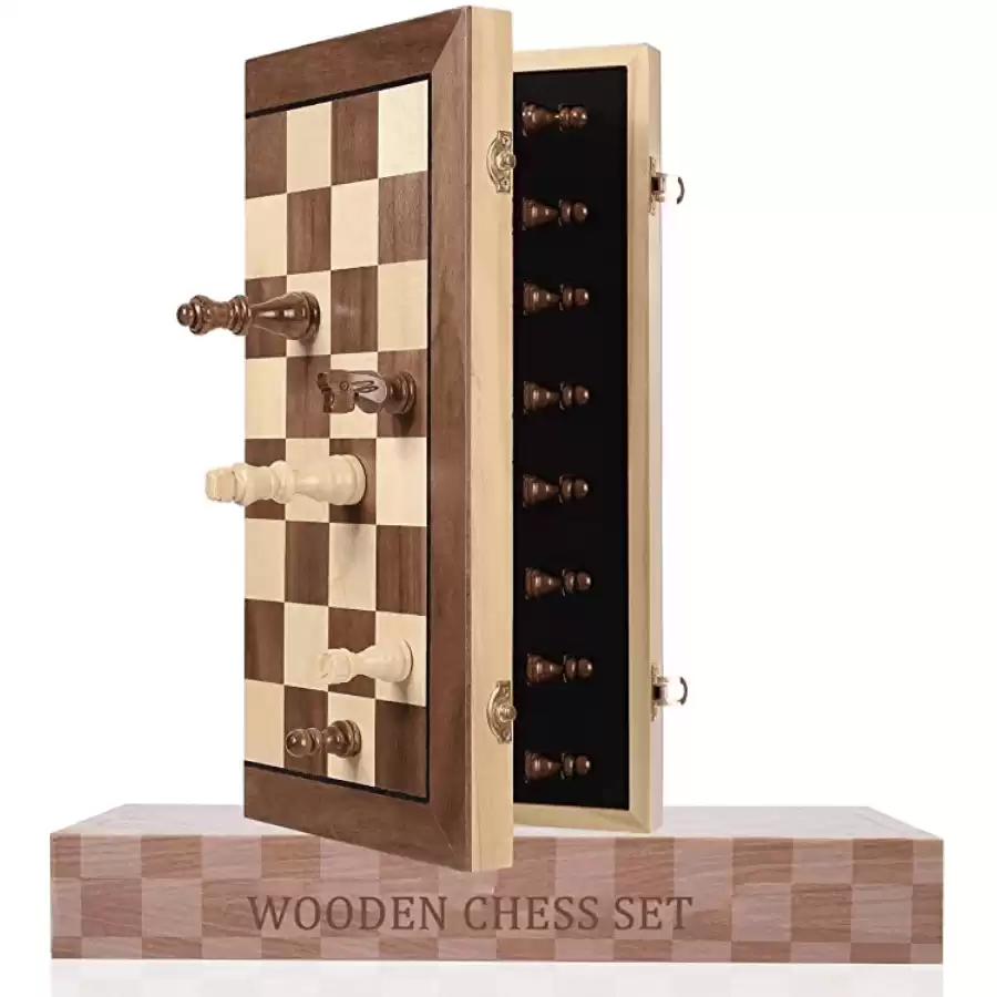 Hnoerin 15 Inches Magnetic Chess Set, Large Folding Wooden Chess Board, Handmade Staunton Style Chess Pieces Interior Storage for Pieces