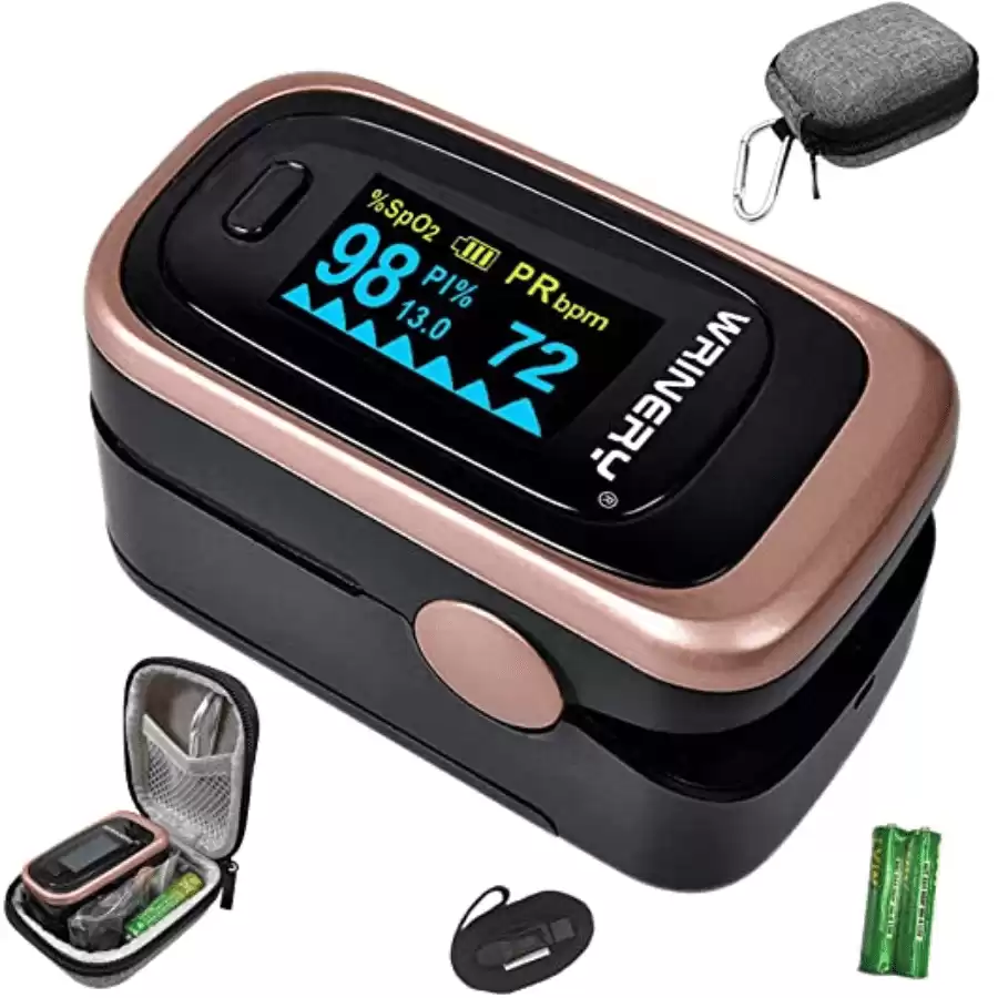 WRINERY Pulse Oximeter Fingertip, Oxygen Monitor Fingertip, Oxygen Saturation Monitor, O2 Saturation Monitor, OLED Portable Oximetry with Batteries, Lanyard (Rose gold-black)