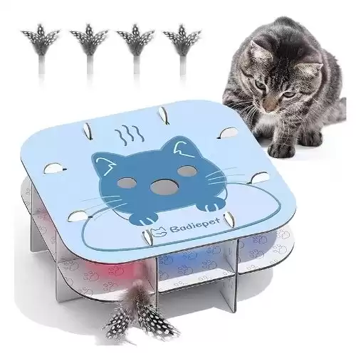 Badie Pet Interactive Cat Toys for Indoor Cats, Badiepet Automatic Toy, Electronic Toys, Kitten Feather USB Rechargeable, 3 Minutes Timer Standby, 5 PCS Feathers, 7.48*7.48*3.35 inches