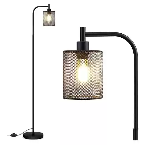 BoostArea Industrial Floor Lamp, Standing Lamp with Hanging Iron Mesh Lamp Shade, 6W LED Bulb, Whole Metal Farmhouse Floor Lamp with Foot Switch, Rustic Floor Lamps for Living Room Bedroom, Black