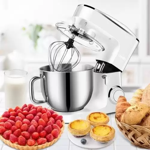 Agotrademall Household Electric Stand Mixer, 6-Speed Mixer, 7.4 QT Tilt-Head Food Mixer with Dough Hook, Wire Whisk & Mixing Beater, Stainless Steel Bowl (with 3 Head) Clearance - White