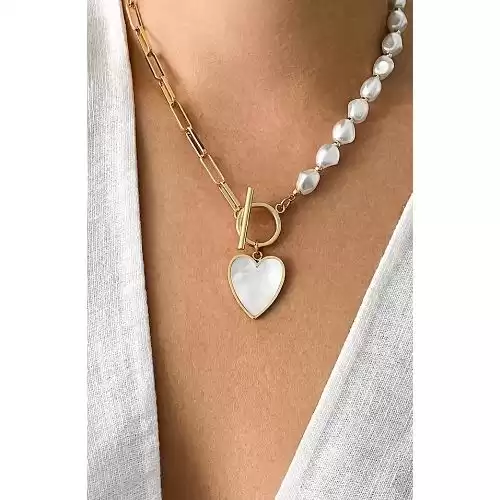 ADORNIA 14K Yellow Gold Plated 10mm Pearl Heart Pendant Necklace