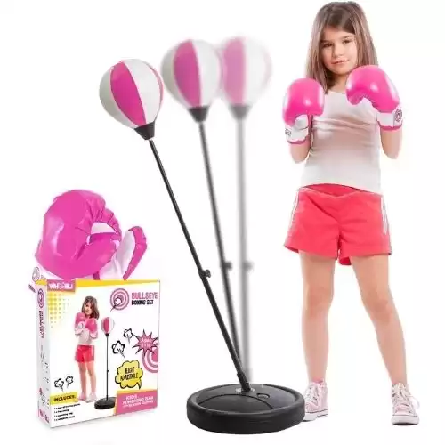 Whoobli Punching Bag for Kids Incl Boxing Gloves | 3-10 Years Old Adjustable Kids Punching Bag with Stand | Boxing Bag Set Toy for Boys & Girls (White Pink)