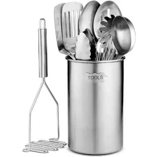 Stainless-Steel Kitchen Utensil Set - 10-piece premium Nonstick & Heat Resistant Kitchen Gadgets, Turner, Spaghetti Server, Ladle, Serving Spoons, Whisk, Tongs, Potato Masher and Utensil Holder