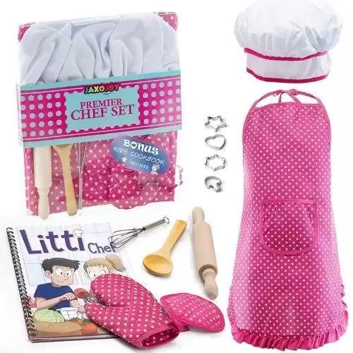 JaxoJoy Kids Cooking and Baking Chef Set - Complete Cooking Set - Includes Kids Chef Hat, Apron, Mitt & Utensils - Kid Chef Kit - Dress Up and Pretend Play Kitchen Toys Gift for Little Girls (3+)