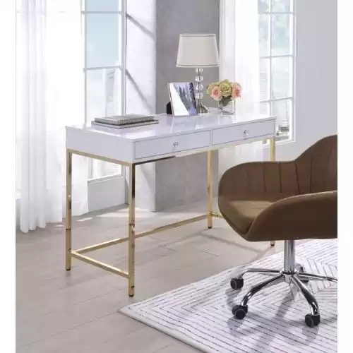 Acme Furniture Ottey Metal Frame Desk in White High Gloss and Gold