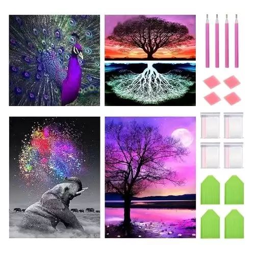 FineGearPow 4 Pack 5D Diamond Painting Kits for Adults, DIY Diamond Art for Adults, Full Drill Crystal Art for Home Wall Decor, 11.8