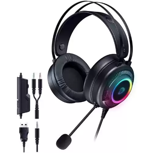 DAREU Gaming USB Headset with 3.5mm for PS4/5 Xbox One with Stereo Surround Sound, Headphones with Noise Cancelling Mic, RGB Light, Bass Surround, Soft Memory Earmuffs for PC Laptop Mac Nintendo