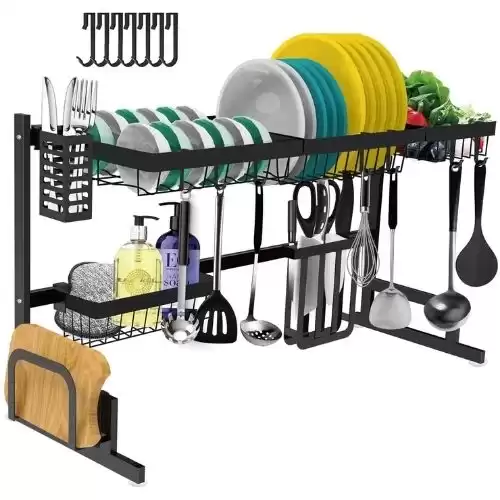 Dish Drying Rack Over The Sink -Adjustable Large Dish Rack Drainer for Kitchen Organization Storage Space Saver Shelf Holder with 7 Utility Hooks Dish Rack Over Sink (32≤ Sink Size ≤ 39.5 inch)