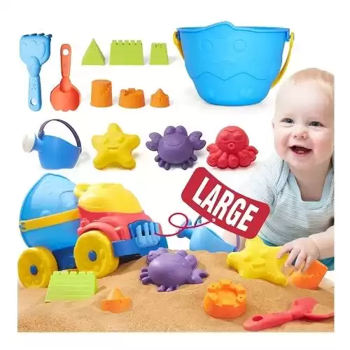 Beach Toys for Kids 3-5-10 Travel Sand Toys 16pcs Big Truck for Toddlers Kids Boys Girls Sandbox Castle Toys Kit Animal Molds Sand Sifter Bucket Rake Shovel Watering Can