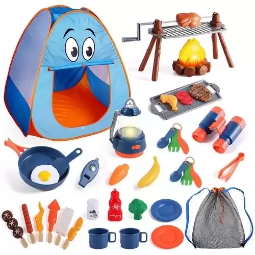 Kids Camping Set with Tent, Camping Gear Toys for Kids with Toy Campfire/BBQ Grill Toys/Detachable Binoculars/Lantern- Indoor Outdoor Camping Toys for Toddler Boys Girls