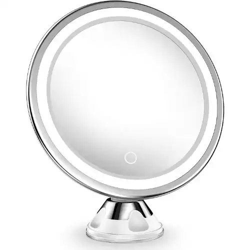 Upgraded 10x Magnifying Lighted Makeup Mirror with Touch Control LED Lights, 360 Degree Rotating Arm, and Powerful Locking Suction Cup, Portable Magnifying Mirror for Home, Bathroom Vanity, and Travel