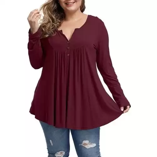 Women's Plus Size Henley Shirt Long Sleeve Henley V Neck Tunic Tops Buttons Up Pleated Blouse Shirts