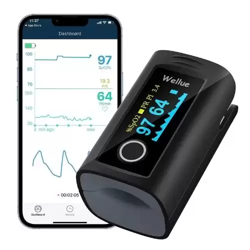 Wellue Bluetooth Pulse Oximeter Fingertip, Blood Oxygen Saturation Monitor with Alarm, Free APP,Batteries, Carry Bag & Lanyard