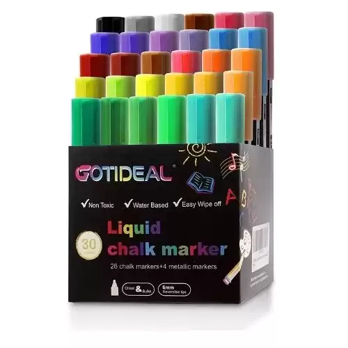 GOTIDEAL Liquid Chalk Markers, 30 colors Premium Window Chalkboard Neon Pens, Including 4 Metallic Colors, Painting and Drawing for Kids and Adults, Bistro & Restaurant, Wet Erase - Reversible Tip