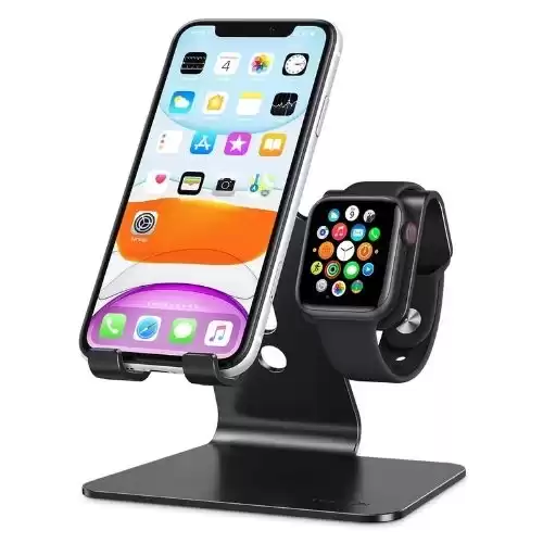 Apple Watch Stand, OMOTON 2 in 1 Universal Desktop Stand Holder for iPhone and Apple Watch Series 7/6/5/4/3/2/1 and Apple Watch SE (Both 38mm/40mm/42mm/44mm) (Black)