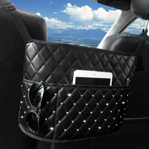 ShauBaby Premium Purse Holder for Car Large Capacity Car Net Pocket Handbag Holder Leather Bling Car Purse Holder Between Seats, Birthday Valentines Day Gifts for Her Wife Girlfriend Mom(Diamond - Bla...