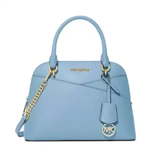 Michael Kors Womens Jet Set Medium Logo Dome Satchel (Chambray) Saffiano Leather