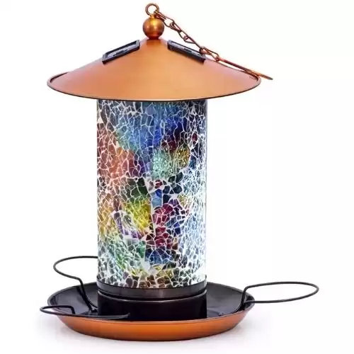 Solar Bird Feeder for Outside Hanging Outdoor - Solar Powered Garden Lantern Light Outside Bird House Wild Hanging Birdfeeder Waterproof Unique Retro Mosaic Copper Bird Feeder Gift Idea