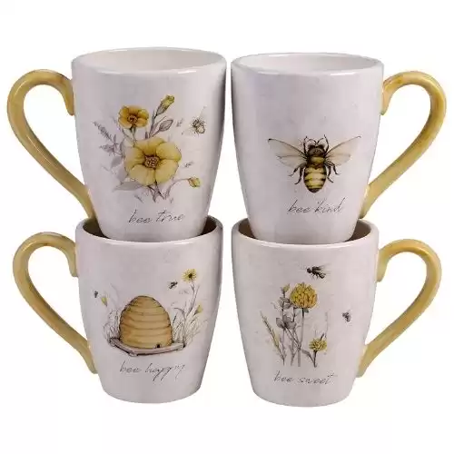 Certified International Bee Sweet 22 oz. Mugs, Set of 4 Assorted Designs, 22 ounce, Multi Colored