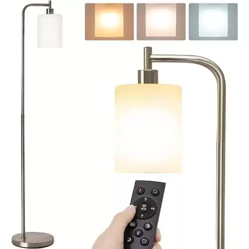 addlon LED Floor Lamp, with Matte White Hanging Glass Lampshade for Bedroom and Living Room, Remote Control Dimming and Color Temperature Adjustment Modern Standing Industrial Lamp for Office, Bronze