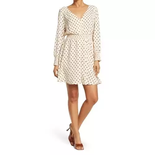 BB DAKOTA BY STEVE MADDEN Polka Dot Long Sleeve Smocked Mini Dress