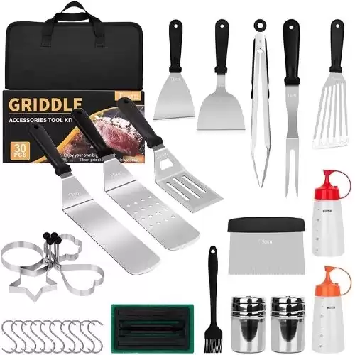 Tksrn Griddle Accessories Kit, 30 Pcs Flat Top Grill Tools Set for Blackstone and Camping Cooking Chef, BBQ Grill Accessories with Metal Burger Spatulas Scraper, Egg Rings, Carry Bag