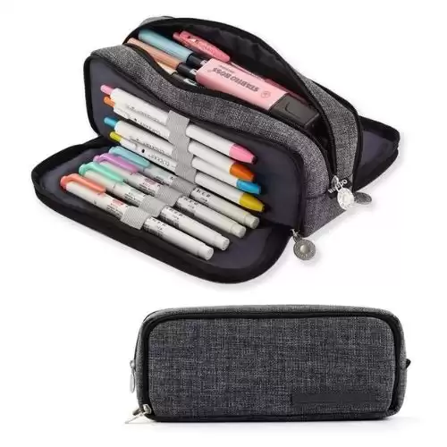 ANGOOBABY Large Pencil Case Big Capacity 3 Compartments Canvas Pencil Pouch for Teen Boys Girls School Students (Black)