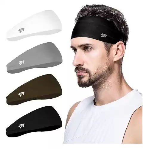 poshei Mens Headband (4 Pack), Mens Sweatband & Sports Headband for Running, Cycling, Yoga, Basketball - Stretchy Moisture Wicking Hairband